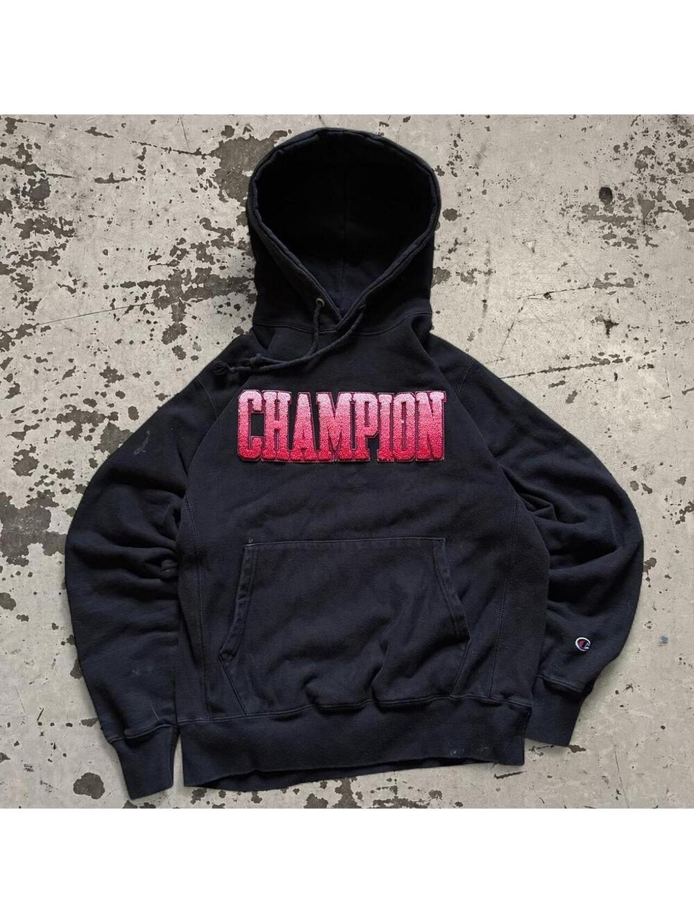 Mens Y2K Champion Reverse Weave Black Hoodie Size M